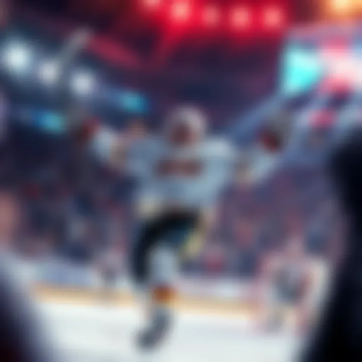 A hockey player celebrating after scoring a goal for Vegas, with fans cheering in the background