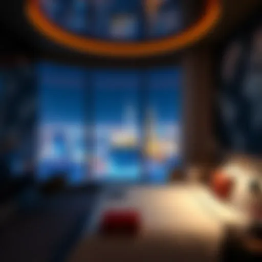 A luxurious hotel room in Las Vegas with a view of the city skyline at night