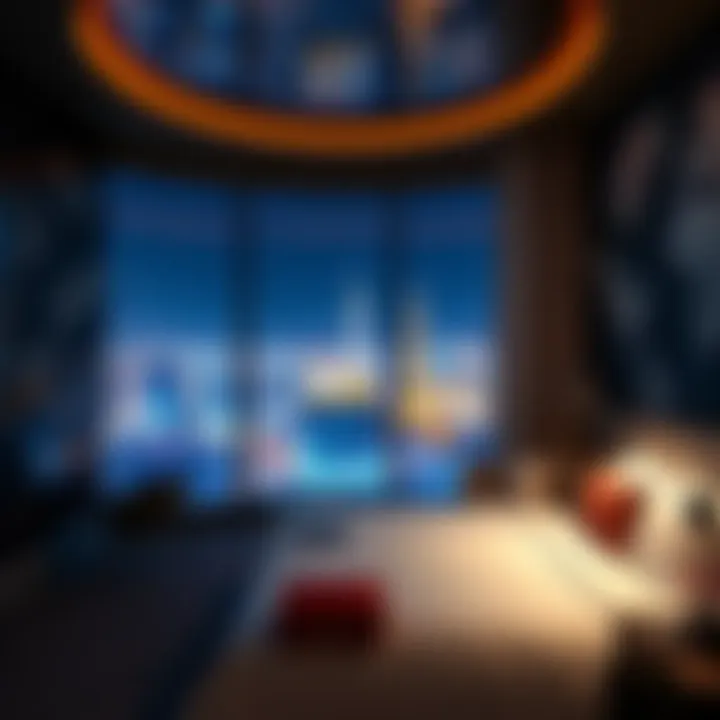 A luxurious hotel room in Las Vegas with a view of the city skyline at night