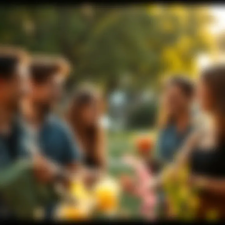 People enjoying a vibrant morning after a night out Group of people smiling and chatting in a sunny park, enjoying the fresh morning after an exciting night.