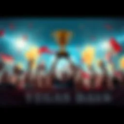 People celebrating a win, holding banners and cheering, with a trophy symbolizing success against VEGAS DAVE