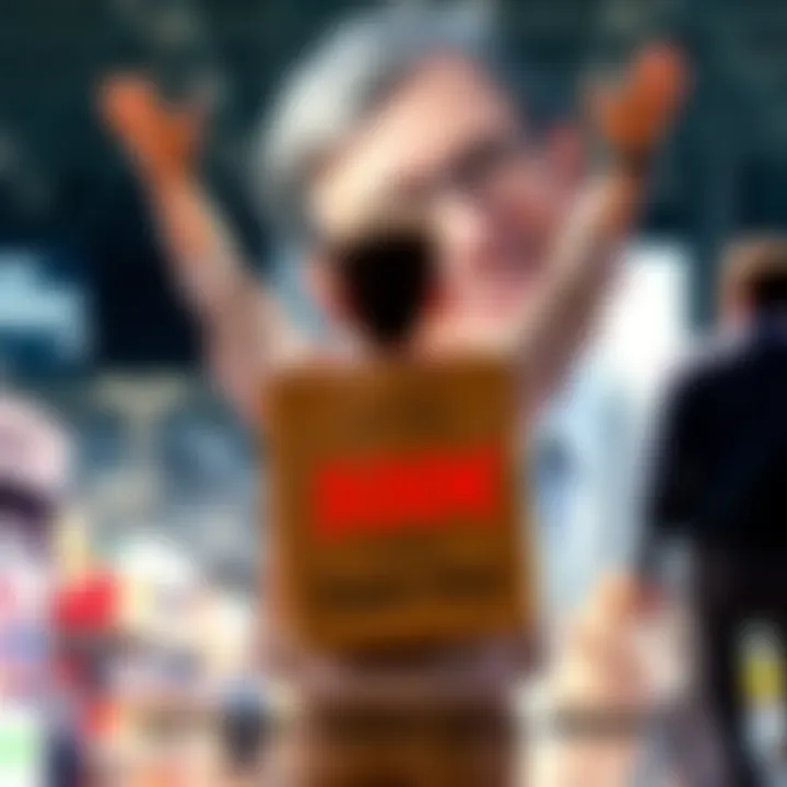 A person with arms raised in joy, holding a large shopping bag labeled Super Buy, representing a 500€ purchase, with a visual reference to Bill Gates in the background, symbolizing competition.