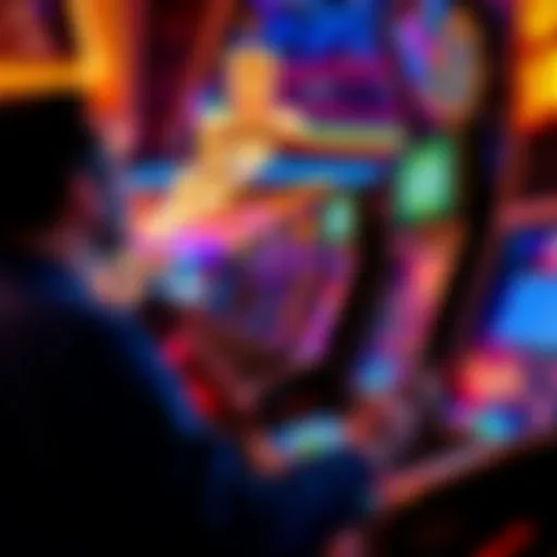 A player at a video roulette machine in Las Vegas, focused on the screen with credits displayed, surrounded by casino lights and excitement.