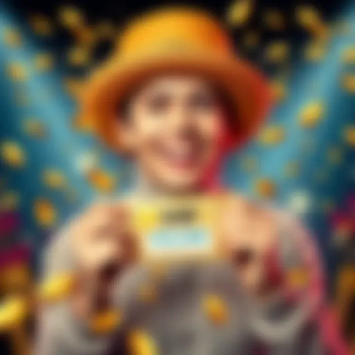 VIP Access for Five Dollars A joyful person holding a VIP pass and smiling, surrounded by symbols of wealth like money and gold, representing a big win for just five dollars