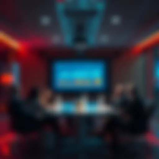 A group of VIPs discussing strategies for handling monthly losses in a meeting room, with charts and figures on a screen