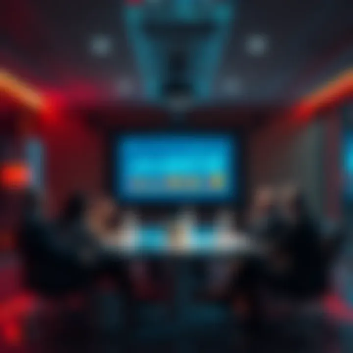 A group of VIPs discussing strategies for handling monthly losses in a meeting room, with charts and figures on a screen