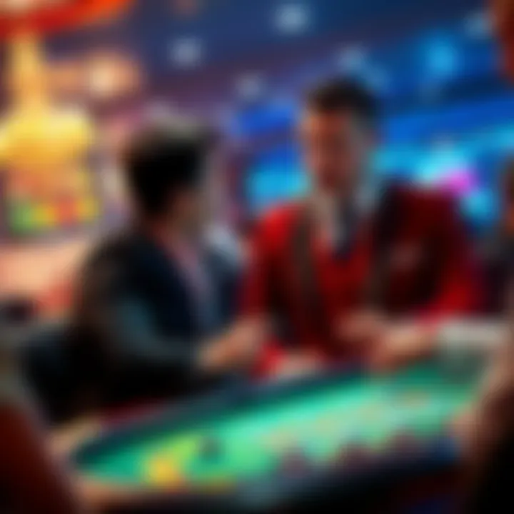 A VIP host engaging with casino players, discussing bets and promoting loyalty.