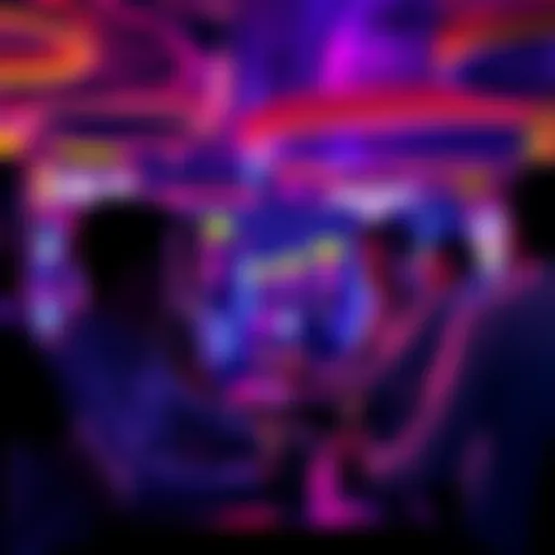 Group of VIP players celebrating at a modern crypto casino with gaming machines and colorful lights