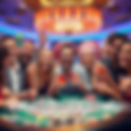 A happy group of people at a casino celebrating their VIP status match, with chips and drinks in hand