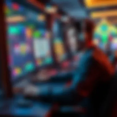 A person sitting at a computer screen with virtual slot machines and poker tables, showing excitement and focus while playing with virtual currency.