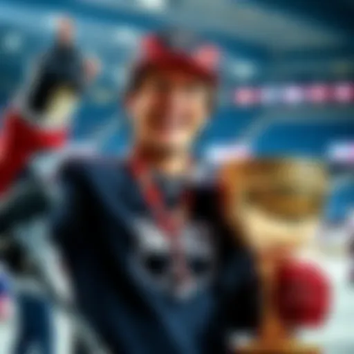 VisionMan celebrating a successful NHL betting win with a trophy and hockey gear