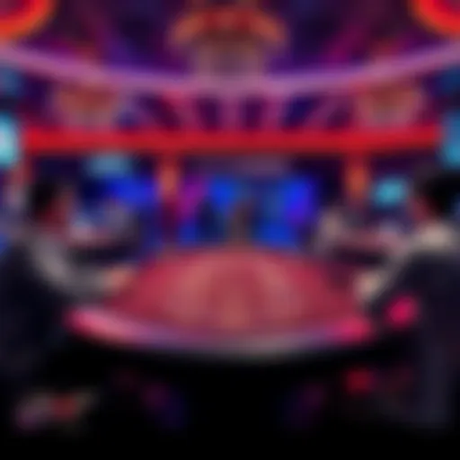 A view of a live blackjack table with croupiers and players engaged in the game.