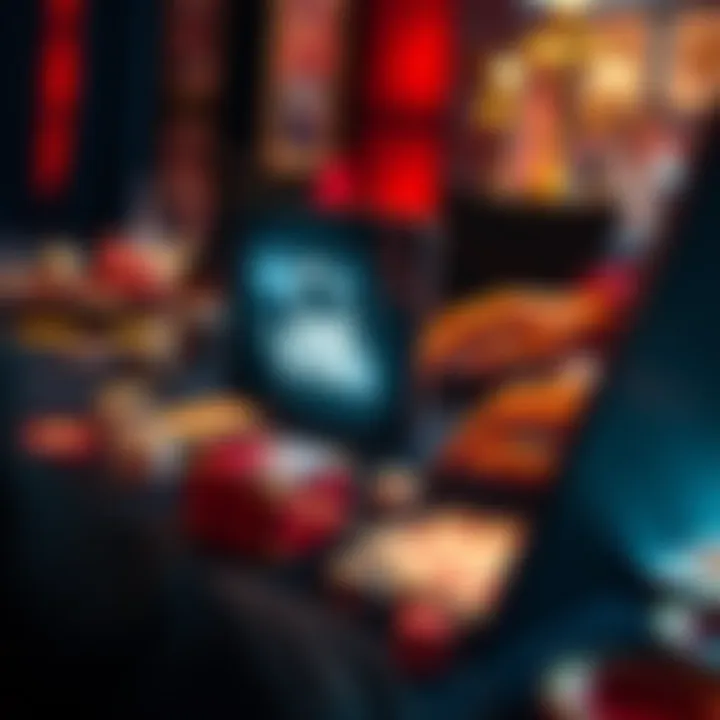 A person using a laptop with a VPN icon on the screen, surrounded by casino elements like dice and cards.