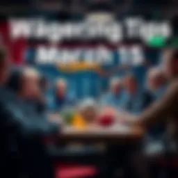 Wagering Tips for March 15 A group of people discussing betting strategies at a table with various sports paraphernalia around them.