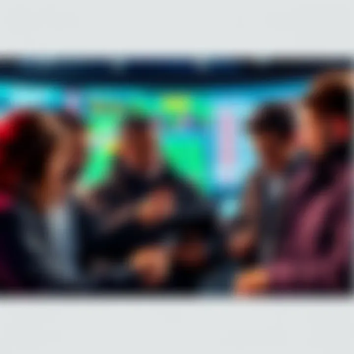 A group of people analyzing betting trends on a digital device, reviewing statistics and strategies for sports betting.