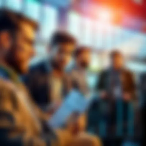 Two people discussing sports betting strategies with a focus on Sam and Jamal, while others are engaged in conversation. Visual of a betting slip and a graph showing trends.