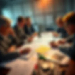 A group of people discussing military strategies, suggesting a potential sale of fighters, with maps and documents on a table.