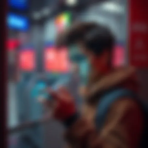 A person looking frustrated while waiting at an ATM for cash withdrawal, holding a smartphone with a banking app open.