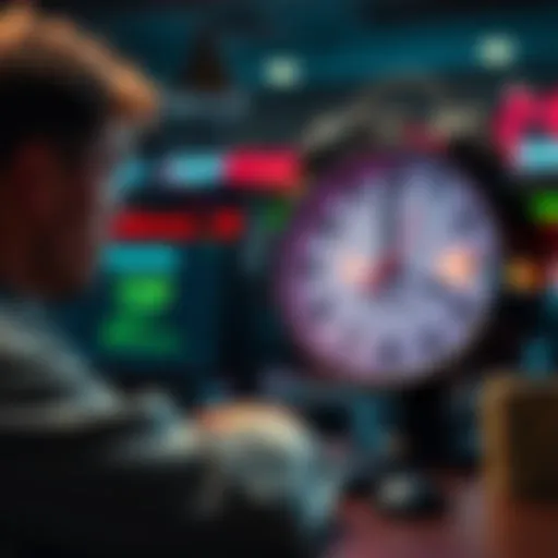 A frustrated player staring at a clock while waiting for online casino winnings to process, with a computer screen showing a pending status.