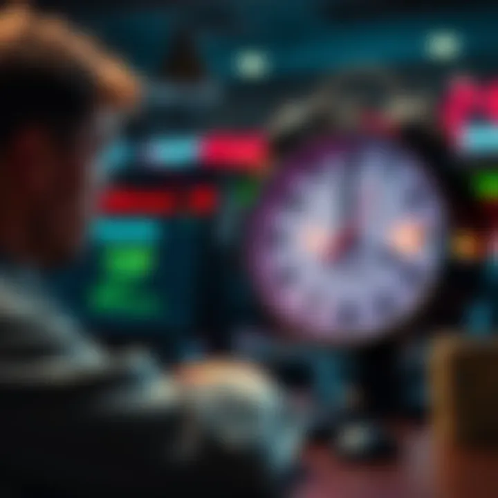 A frustrated player staring at a clock while waiting for online casino winnings to process, with a computer screen showing a pending status.