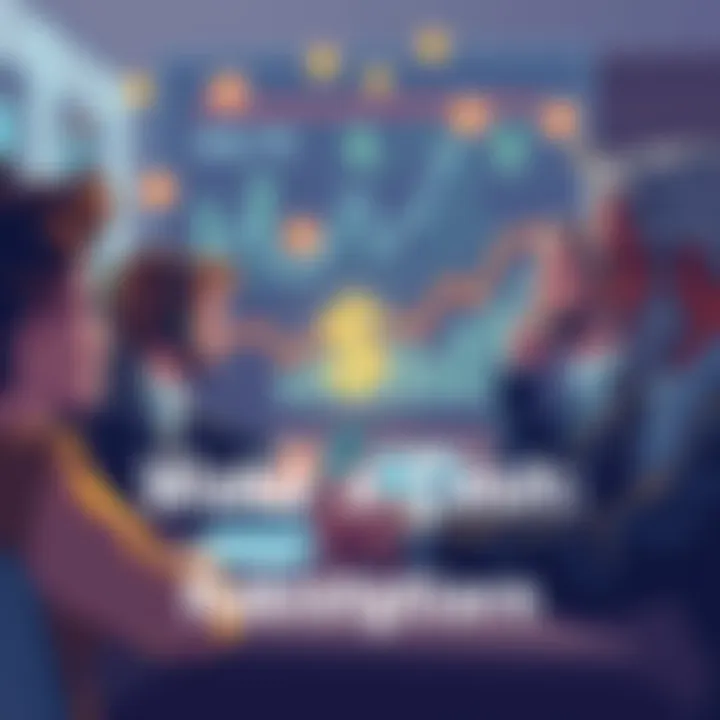 An illustration showing a group of people discussing financial challenges and setbacks, with money-related symbols and graphs in the background