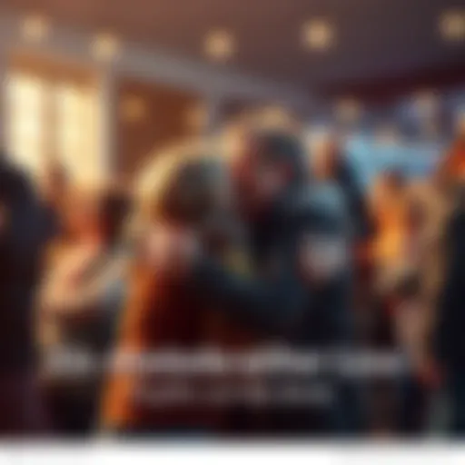 A heartfelt goodbye scene with people sharing hugs and smiles, radiating love and hope.