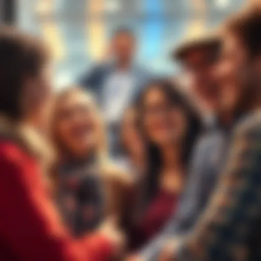 A friendly scene showing people smiling and welcoming each other, radiating joy and positivity.