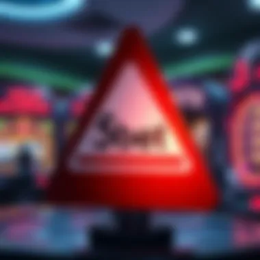 Alert graphic showing a warning signal with casino elements like slots in the background