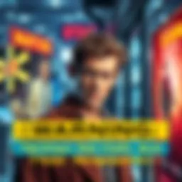 A person looking at a flashy advertisement with a worried expression, symbolizing caution against scams.