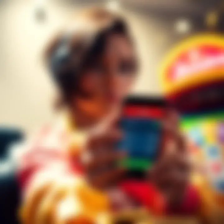 Graphic showing a person looking worried while holding a phone displaying a losing balance on a gambling site.