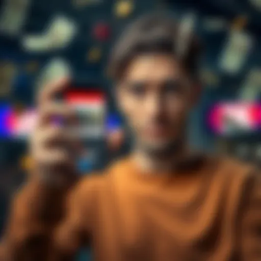 A person looking concerned while holding a smartphone displaying a betting app, with money flying away in the background.