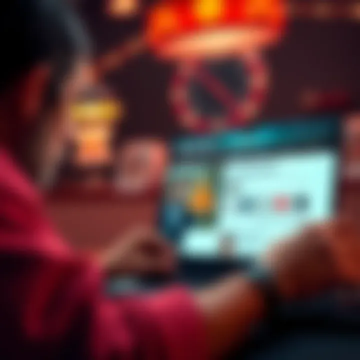 A concerned player looking at poker chips and a laptop screen displaying GG Poker website with warning signs