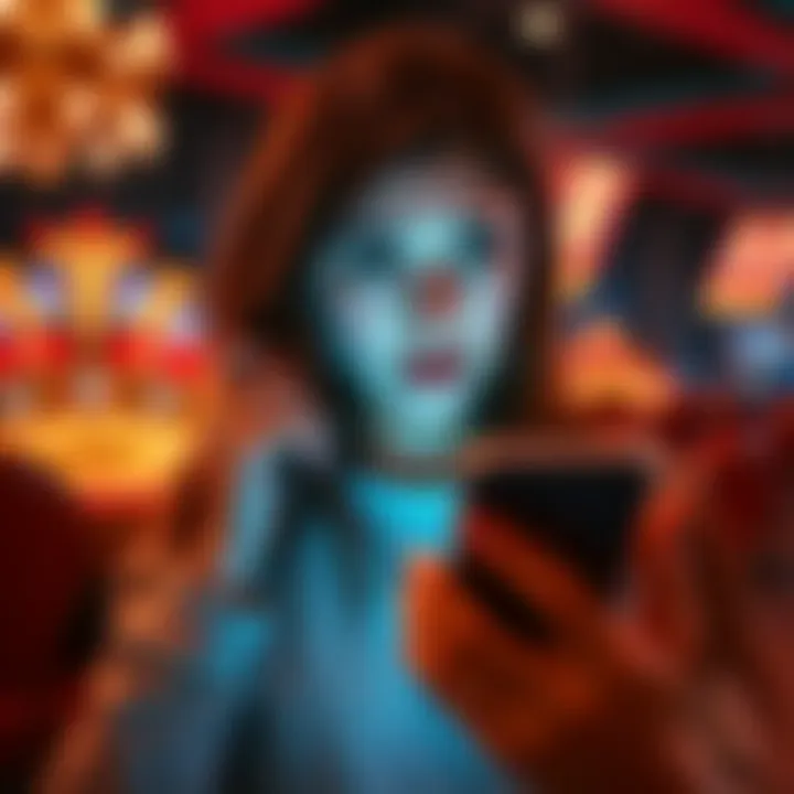 Warning about Jackpot Nights Casino A person looks worried while holding a phone, with casino graphics in the background, indicating a scam experience at Jackpot Nights Casino.