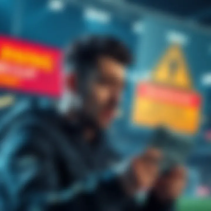 A graphic showing a worried player looking at betting slips and losing money, with a warning sign in the background