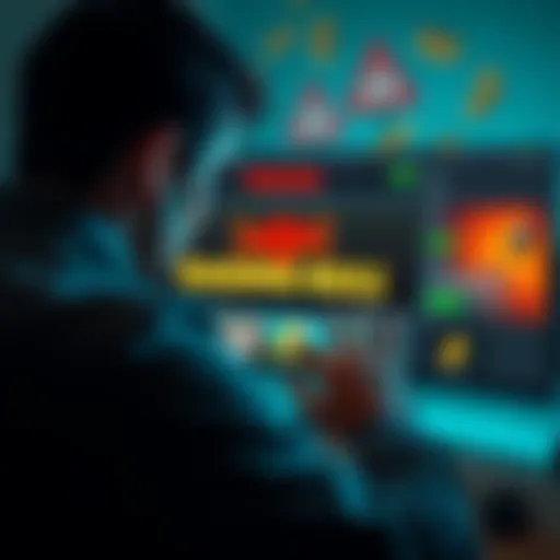 A person looking frustrated at a computer screen showing the Raging Bull gambling site, with symbols of money and warning signs in the background.