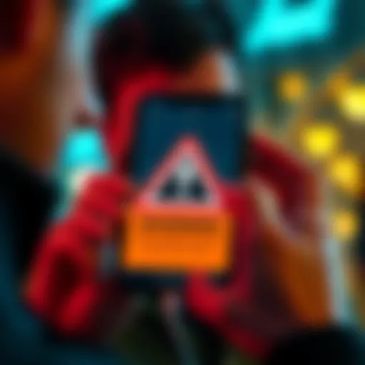 Warning about a scam app A person looking at a smartphone with a warning sign on the screen, highlighting the dangers of a scam app