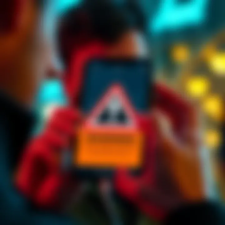 Warning about a scam app A person looking at a smartphone with a warning sign on the screen, highlighting the dangers of a scam app