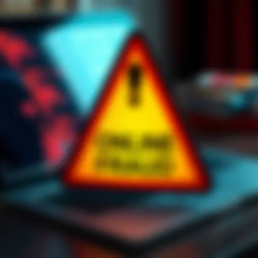 A warning sign highlighting online fraud issues, with a laptop and credit card in the background.