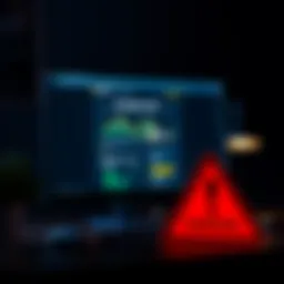 A caution sign next to a computer screen displaying a questionable website