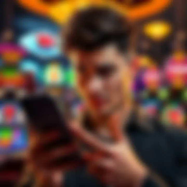 A person looks worried while checking their phone for casino payouts, with images of slot machines and money in the background