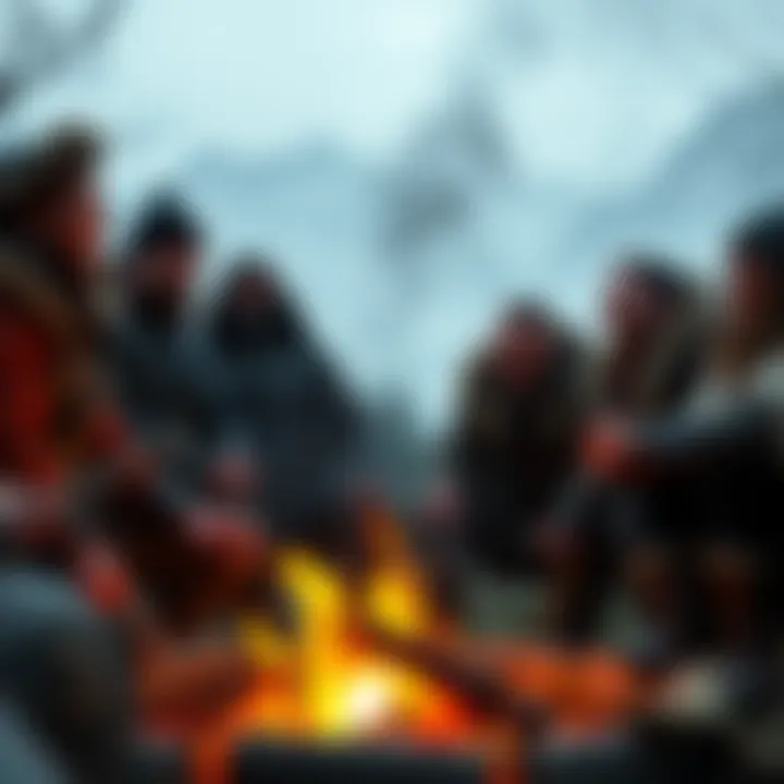 A warrior sharing a laugh with friends around a campfire, showcasing camaraderie and humor