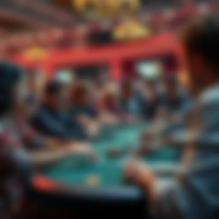 A group of spectators eagerly watching a poker tournament at the final table, with intense focus on the players and cards, capturing the excitement of the game.