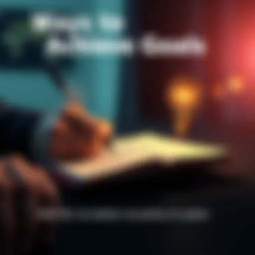 A person writing down goals on a notepad with a light bulb and fist symbolizing motivation and action
