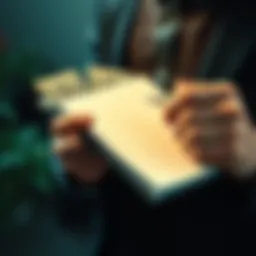 A person holding money with a notebook and pen, illustrating a winning strategy for success.