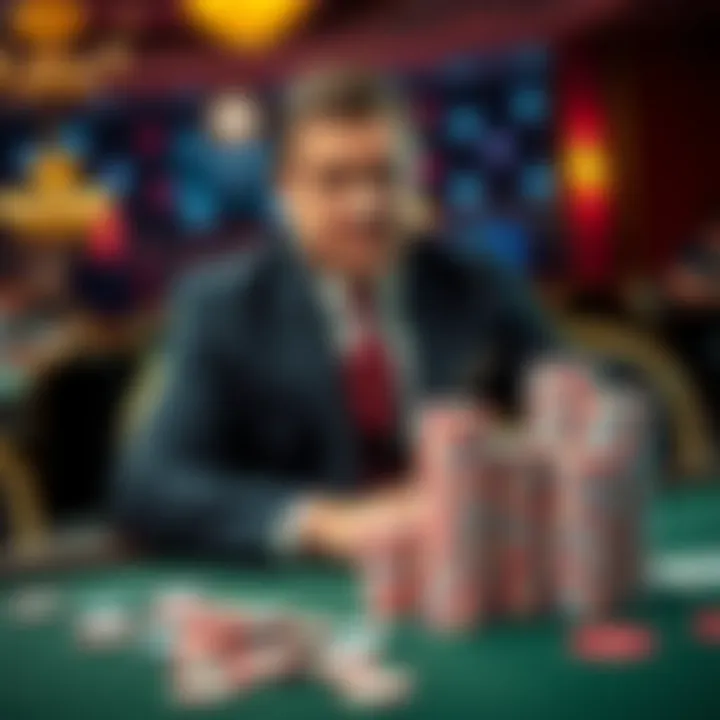 A confident man in a suit sitting at a poker table, showing disinterest in a large stack of chips, symbolizing his wealth and decision not to join a match