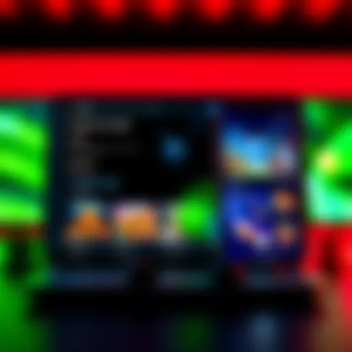 A visual showing a split screen with a web browser on one side and a mobile app on the other, highlighting gaming options.