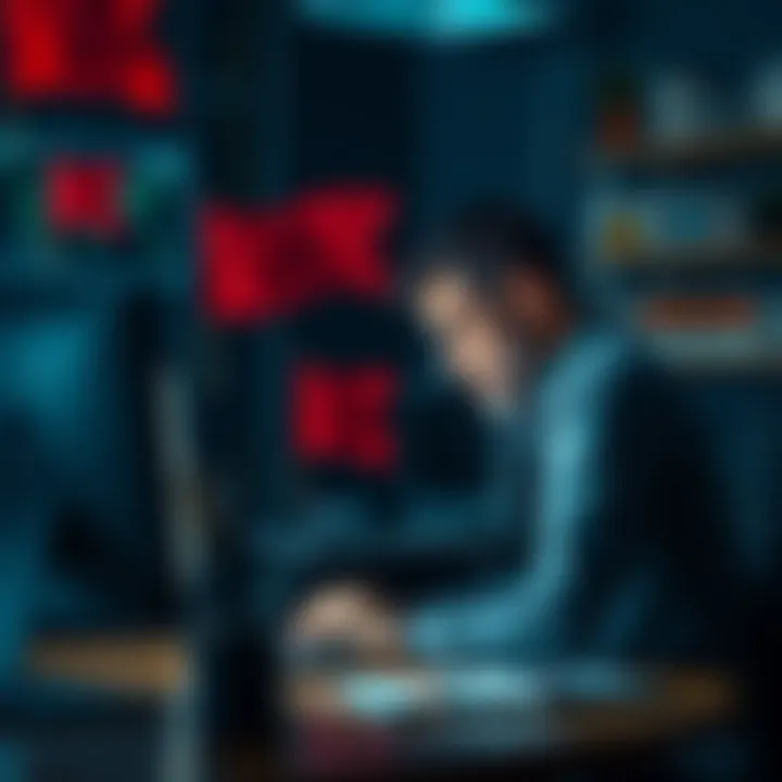 A person sitting at a computer looking concerned while inspecting a website with red flags and warning signs on the screen.