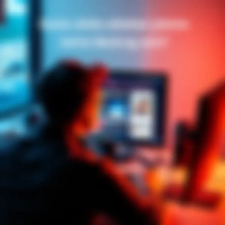 A person sitting at a desk, looking closely at a computer screen showing a suspicious website