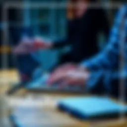 A person using a laptop to verify the legitimacy of a website, with a magnifying glass and notes on the side.