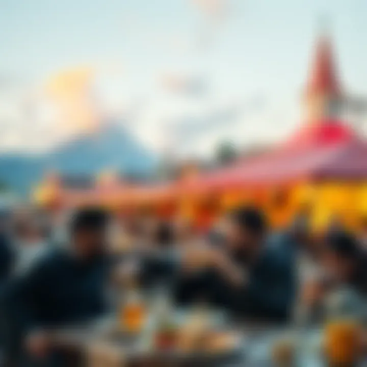 A vibrant outdoor scene showing people enjoying different activities and dining on delicious food